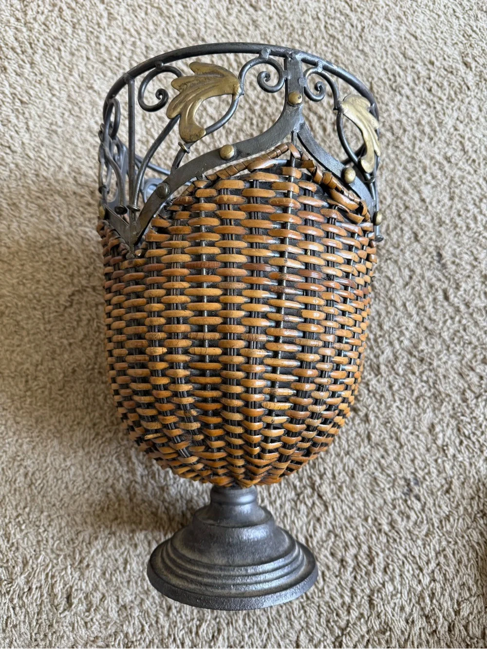 Woven Brown and Black Decorative Urn Vase with Gold Accents